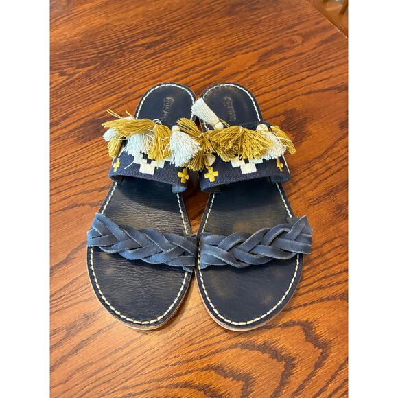 Soludos Navy and Yellow Tasseled Slide Sandals Size 9.5 Boho Chic Flat Slip On - Picture 1 of 6
